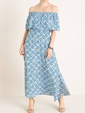 Chico’s Smocked Off Shoulder Blue & White Maxi Dress, Size 2 (retail 129.00)